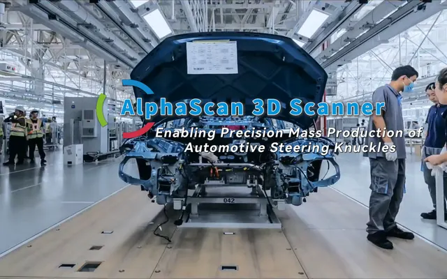 How does the AlphaScan 3D scanner enable precise mass production of automotive steering knuckles?